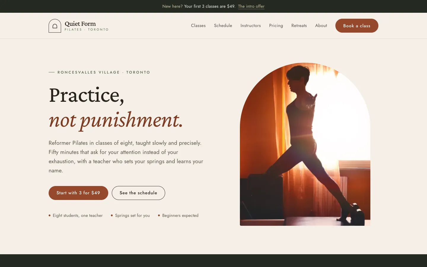 Quiet Form Pilates: sample fitness website designed and built by SearchPod