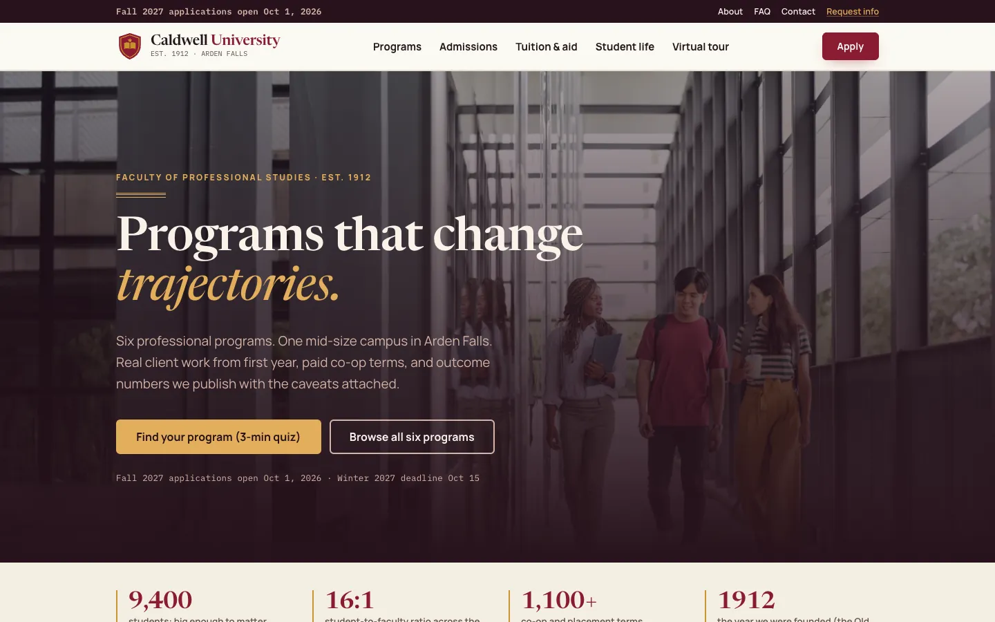 Caldwell University: sample education website designed and built by SearchPod