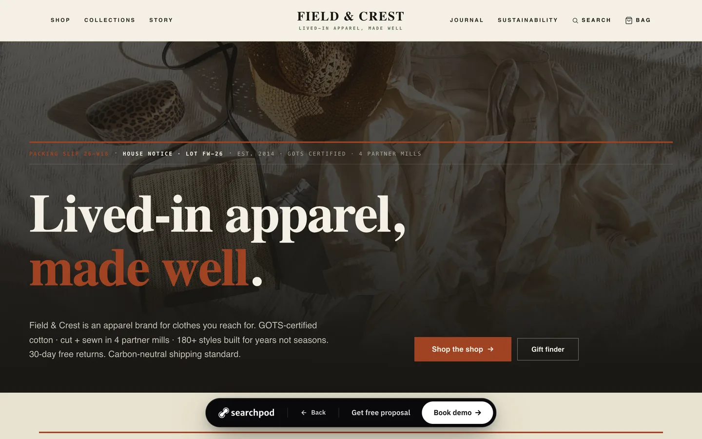 E-commerce sample site preview — Field & Crest