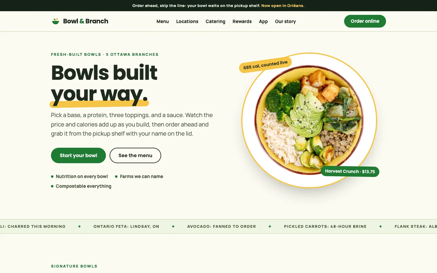 Bowl & Branch: sample restaurants website designed and built by SearchPod