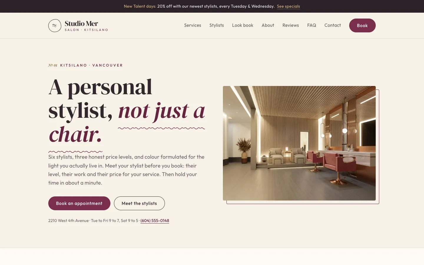 Studio Mer Salon: sample beauty & wellness website designed and built by SearchPod