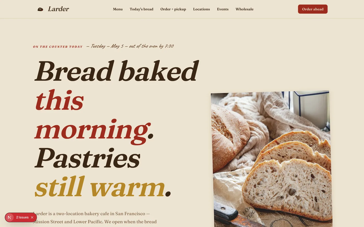 Larder Bakery — sample restaurants website designed and built by SearchPod
