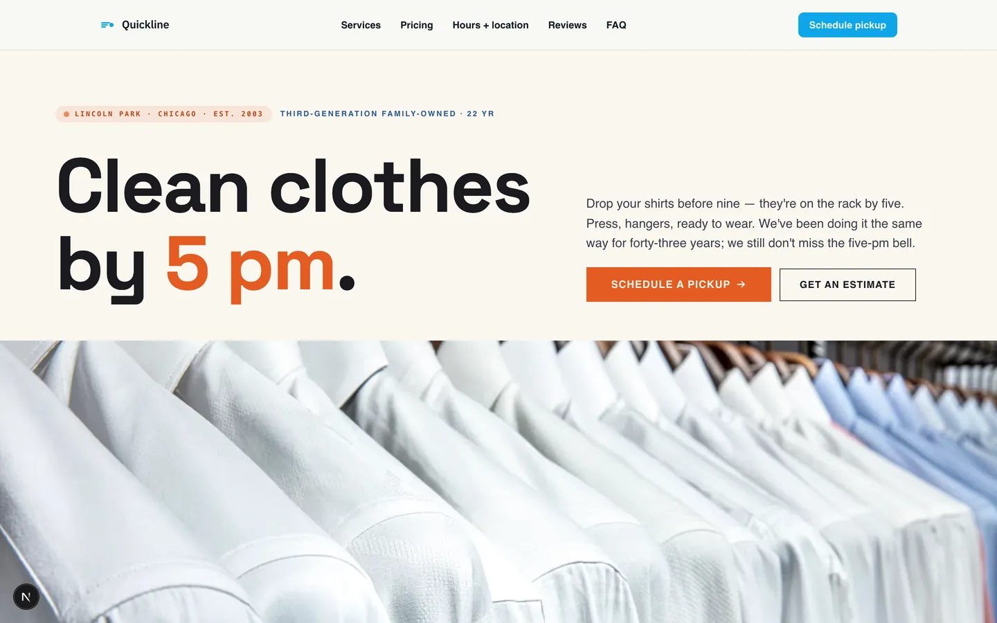 Quickline Dry Cleaners — sample local business website designed and built by SearchPod