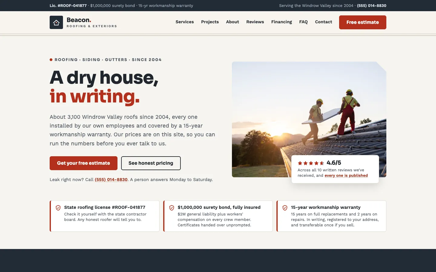 Beacon Roofing & Exteriors: sample construction website designed and built by SearchPod