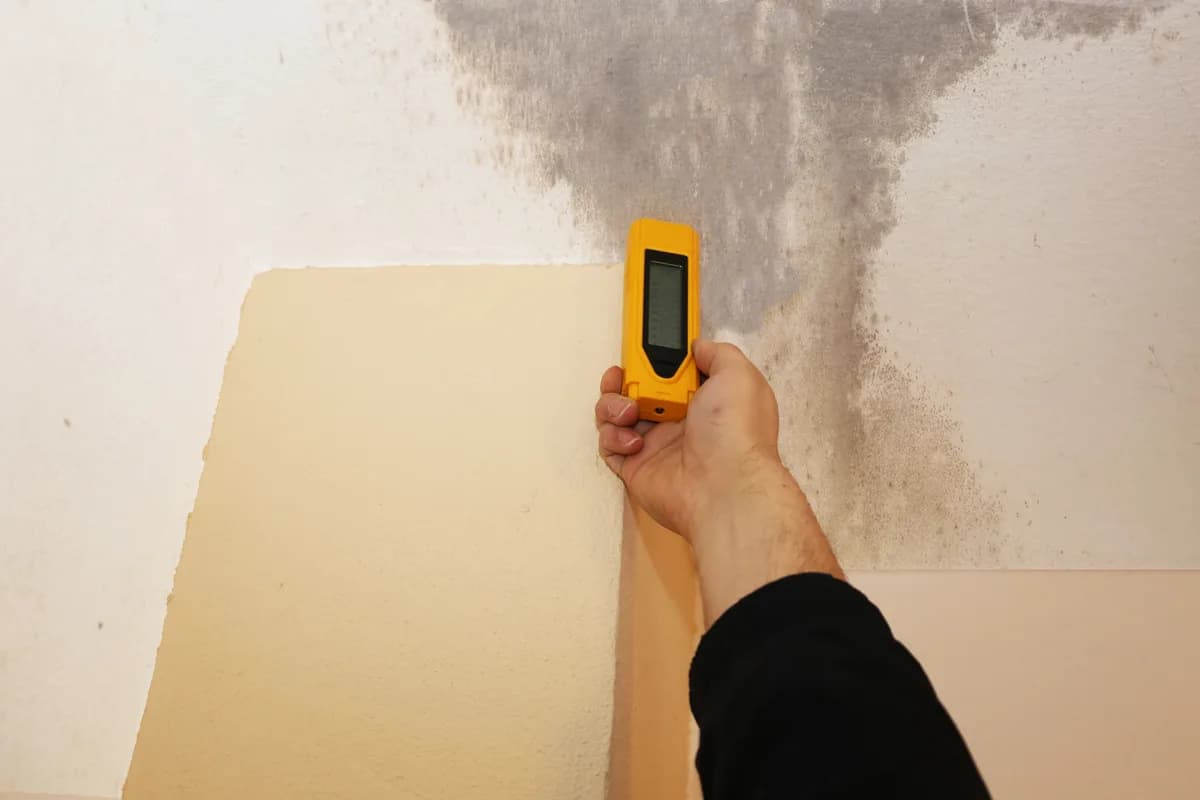 A mold remediation technician in protective gear inspecting a moisture-damaged wall during a home assessment