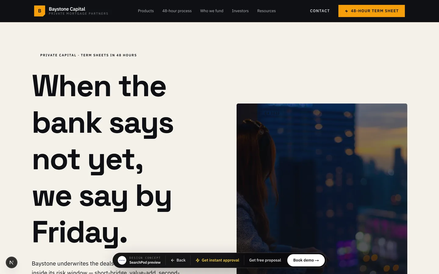 Sample private-lending website designed by SearchPod with bold editorial typography
