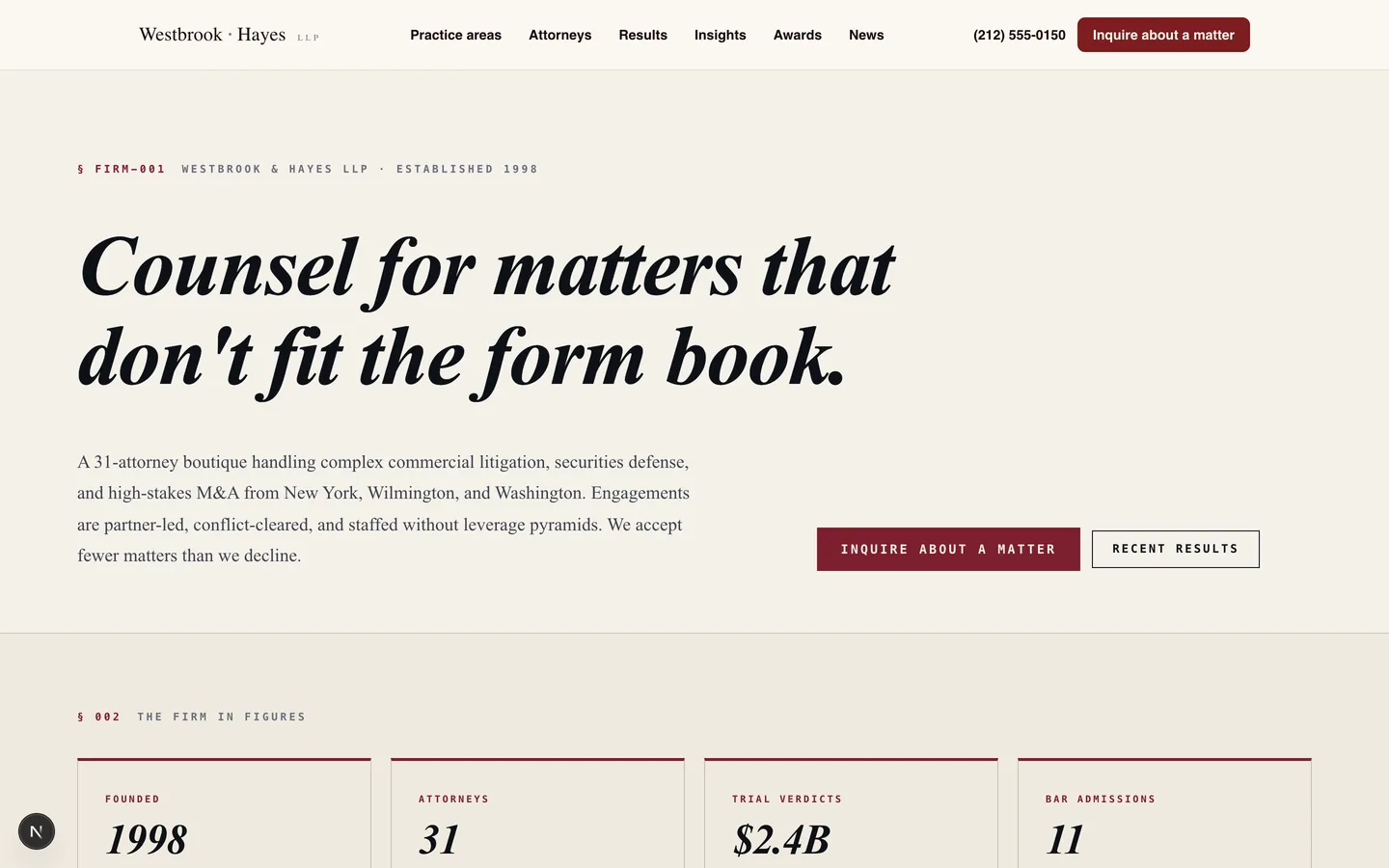 Westbrook & Hayes LLP homepage hero — Strategic counsel for complex matters