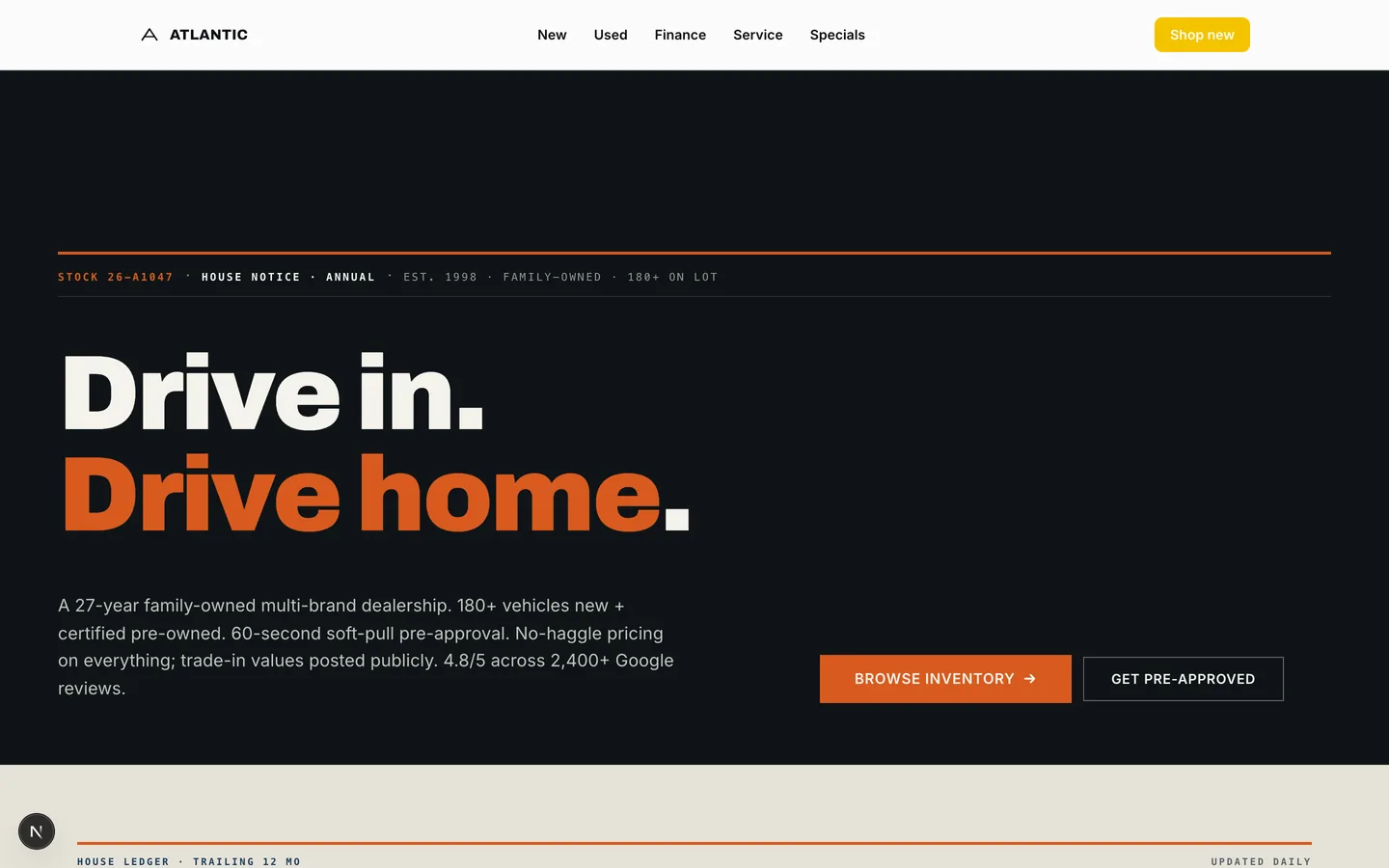 Atlantic Motors homepage hero — Drive in, drive home