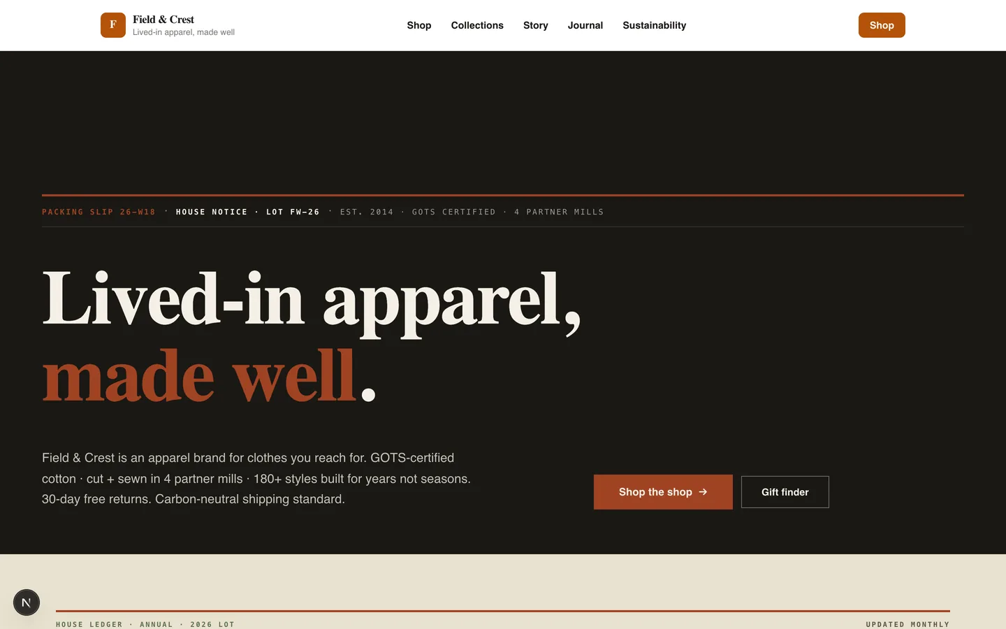 Field & Crest homepage hero — Lived-in apparel, made well