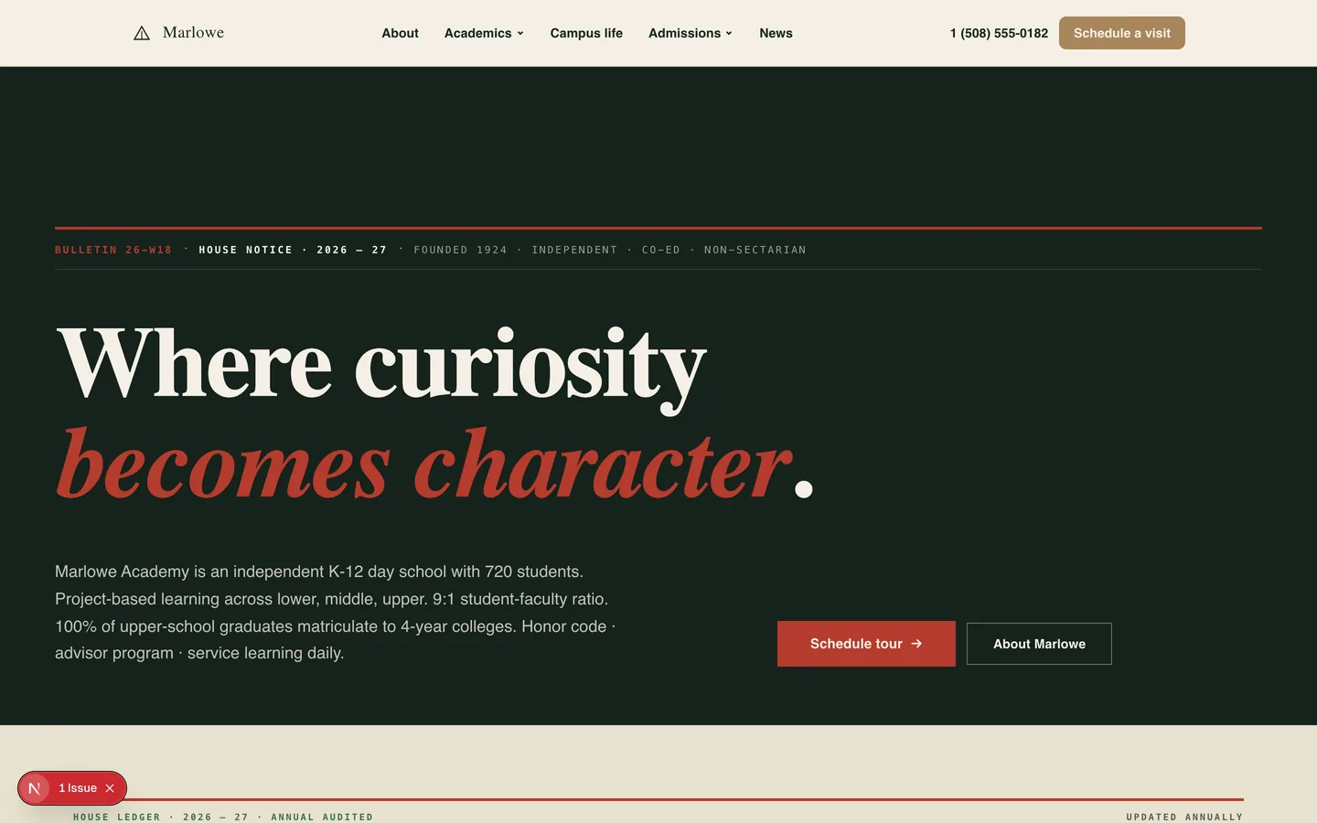Marlowe Academy homepage hero — Where curiosity becomes character