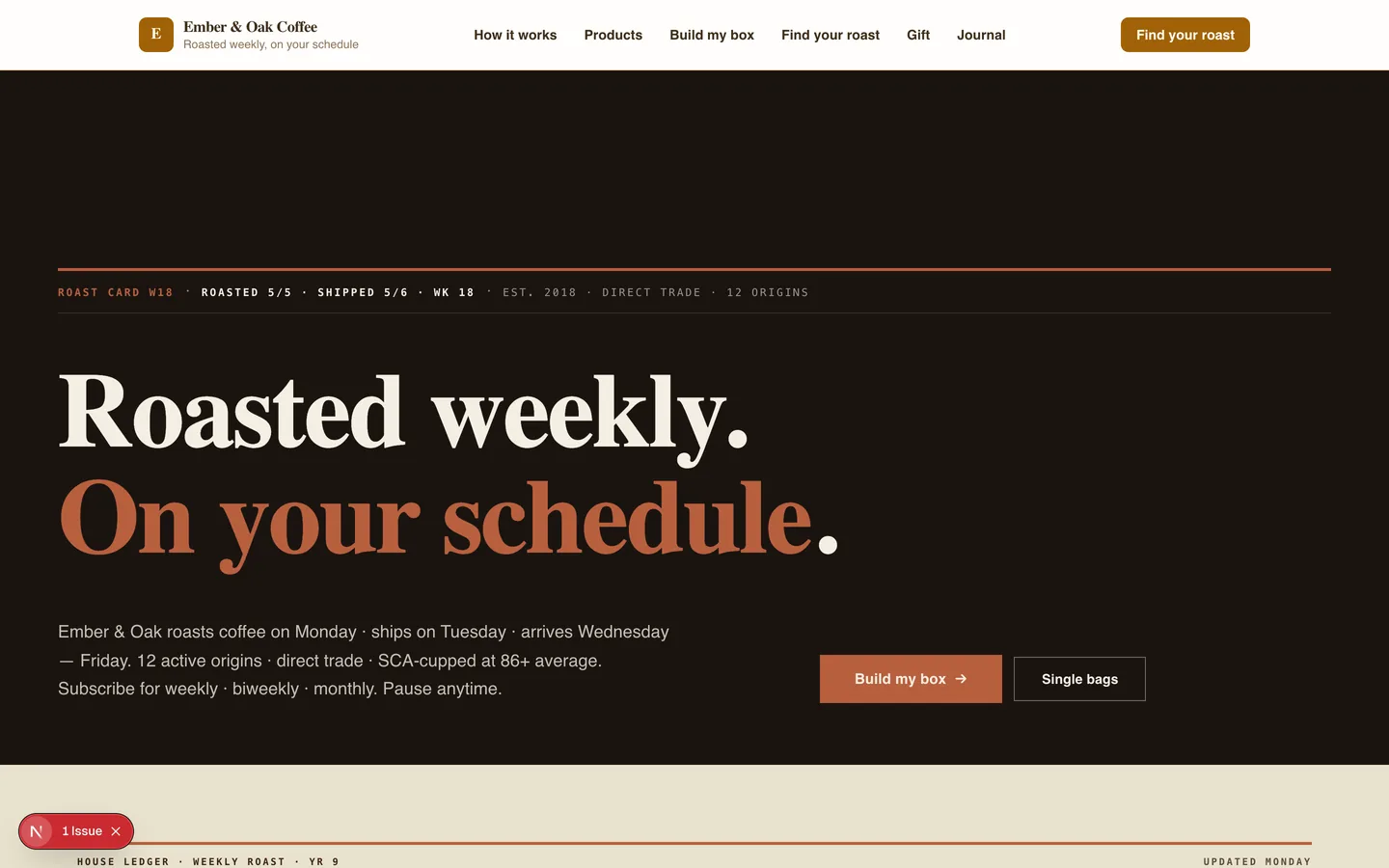 Ember & Oak Coffee homepage hero — Roasted weekly, on your schedule
