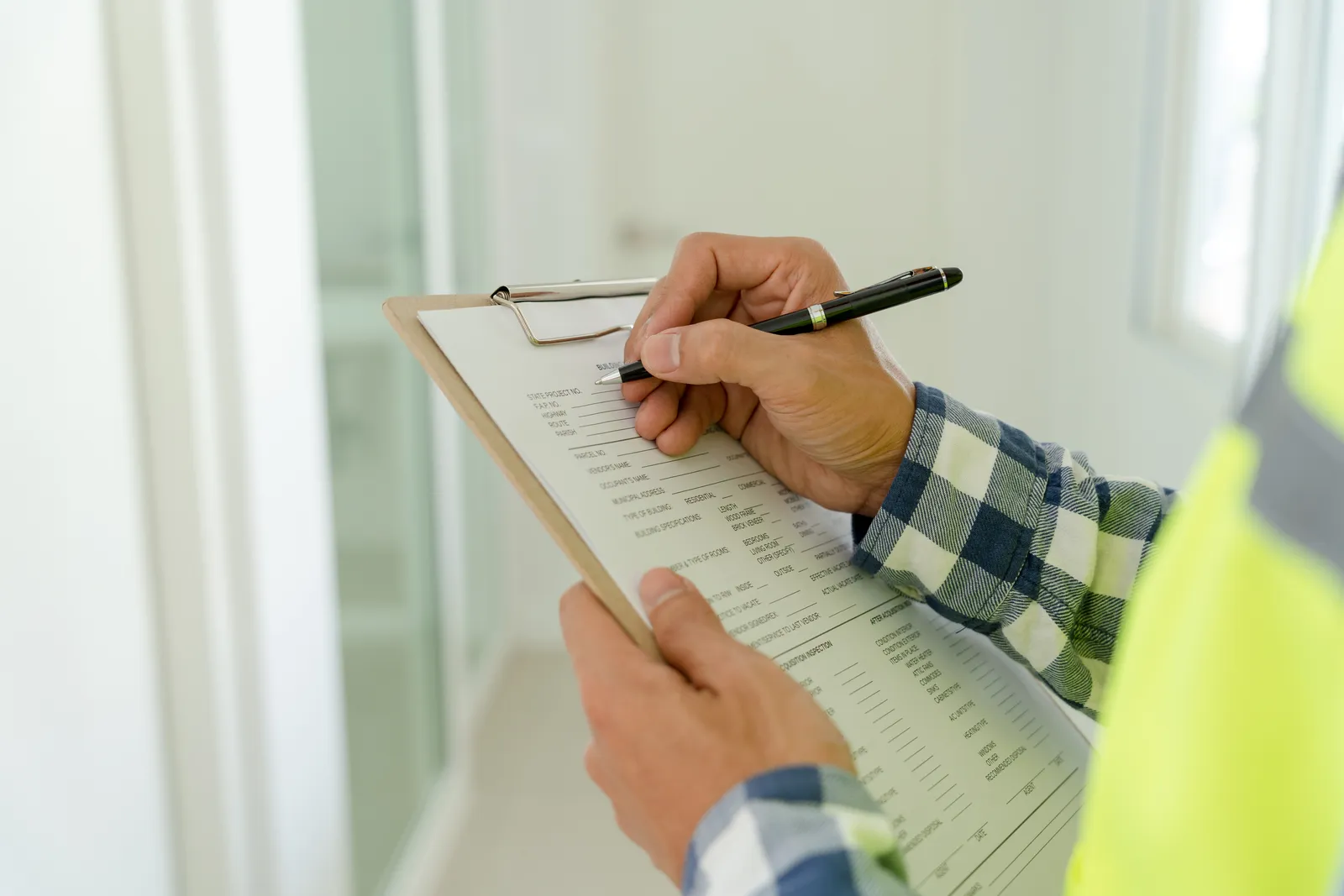 Site inspector completing a checklist on a clipboard