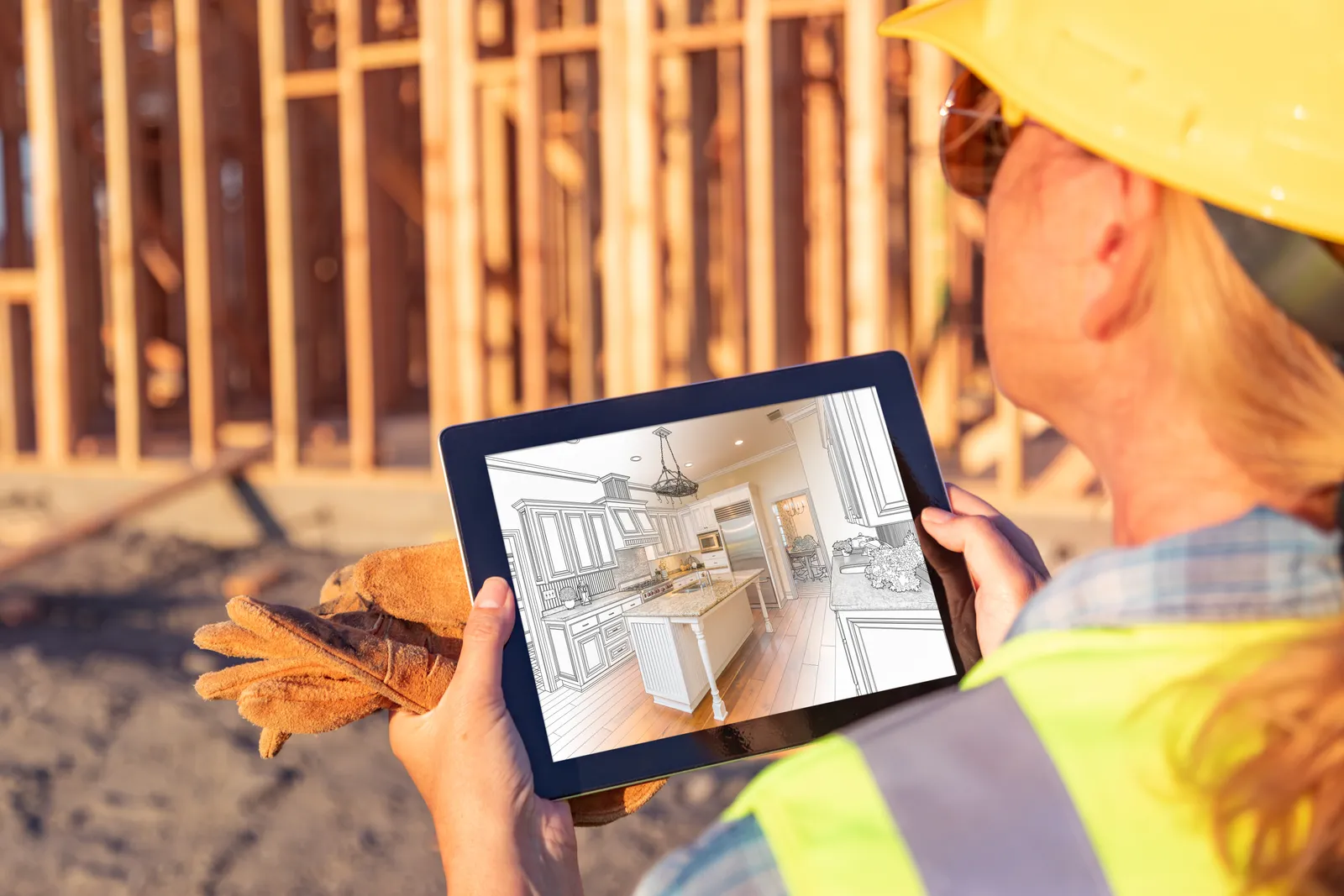 Builder comparing an interior render on a tablet against the framing