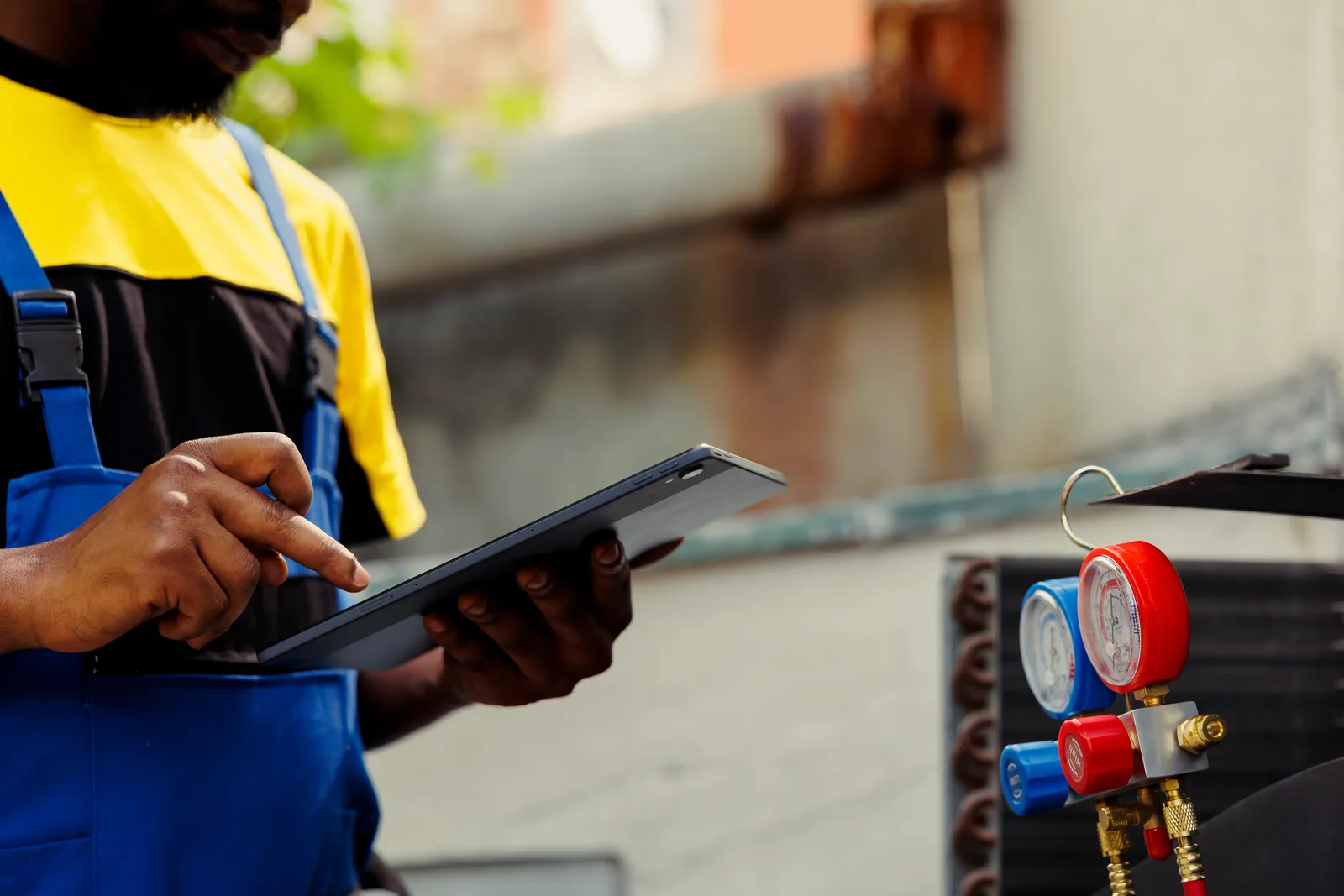 HVAC technician checking a job on his tablet beside gauges