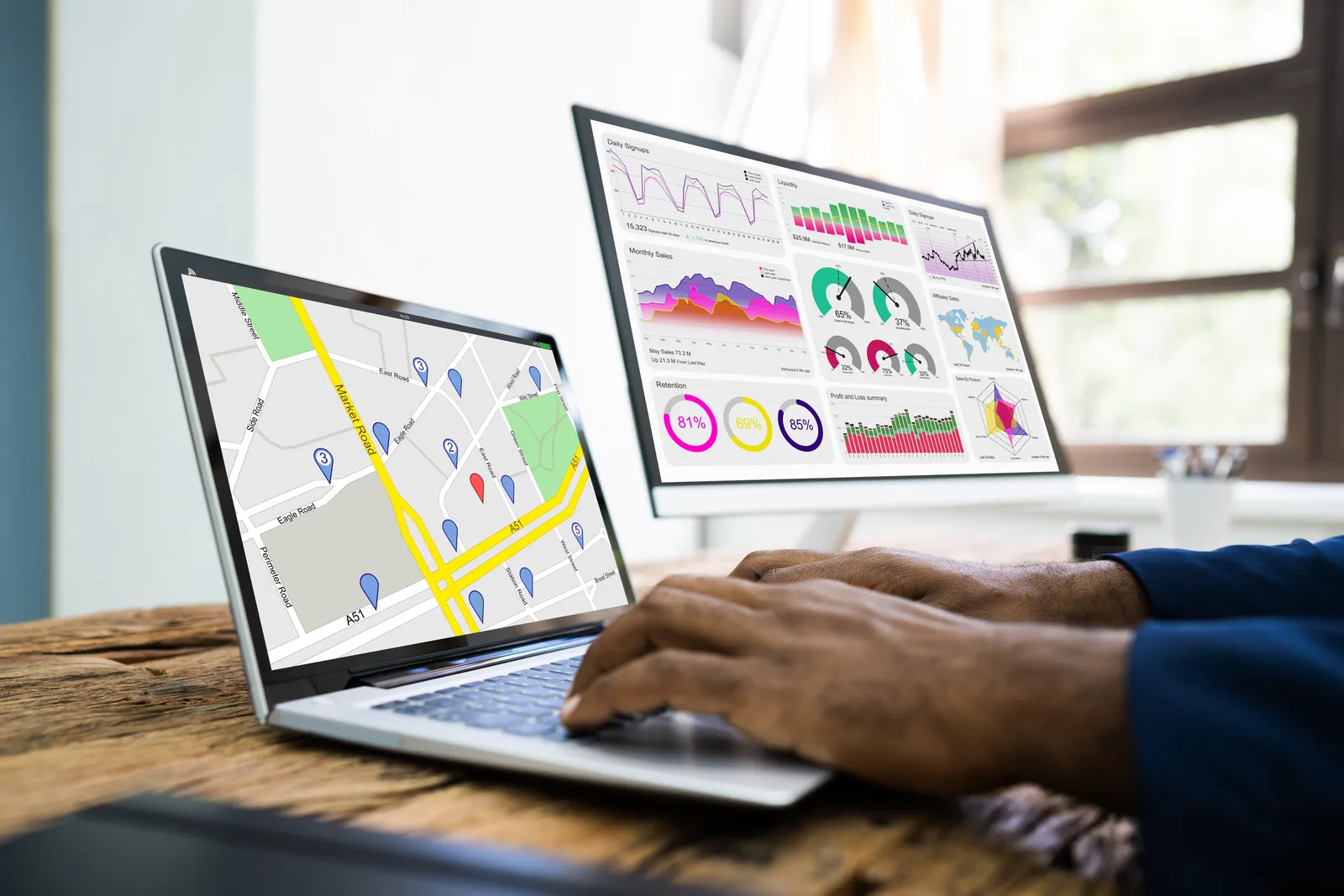 Laptop with a live location map beside campaign performance charts