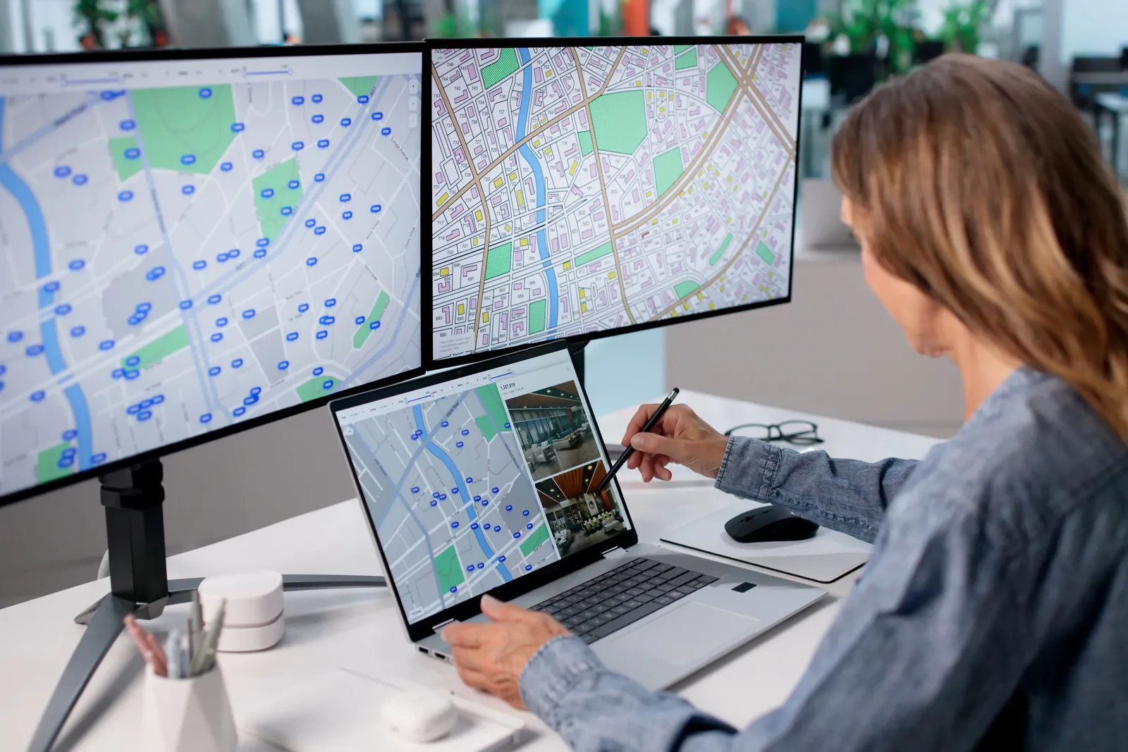 Analyst working across map dashboards on a multi-monitor setup