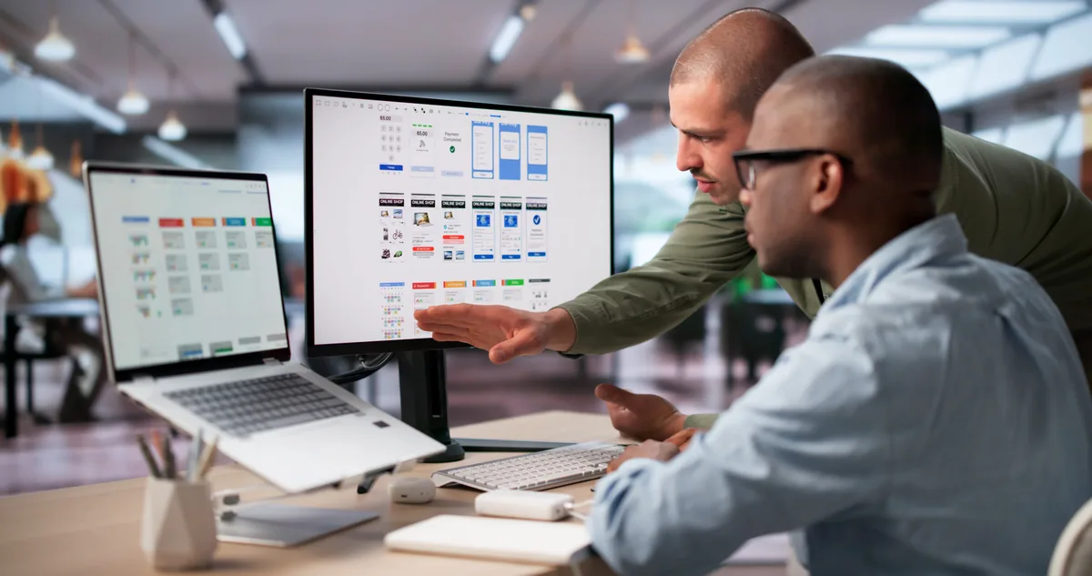 Two designers reviewing a website's lead-form and call-to-action layout on a large monitor during a conversion-focused redesign