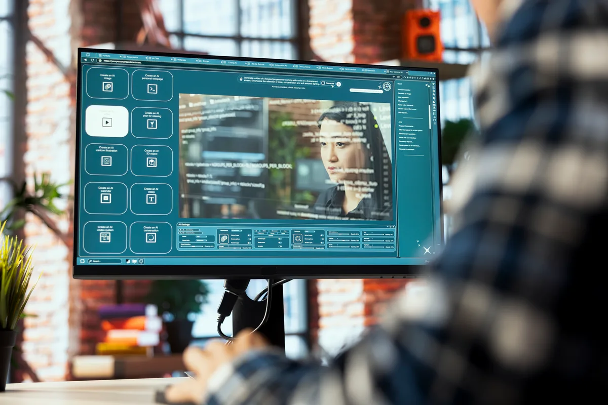 A web developer reviewing a website on a staging environment across two monitors before launch