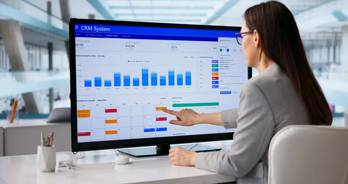 A sales manager reviewing a CRM pipeline on a desktop monitor, tracking which inbound leads have closed into paying customers