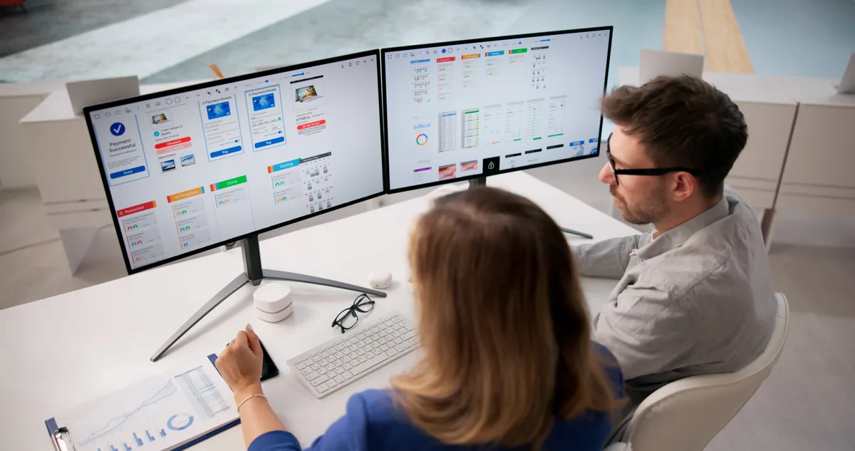 A web developer and a marketing specialist reviewing a website redesign and live Google Ads dashboard together on two monitors