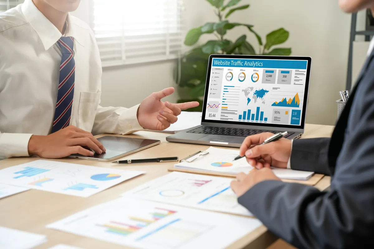A business owner and an SEO consultant reviewing organic search performance charts together on a laptop in an office