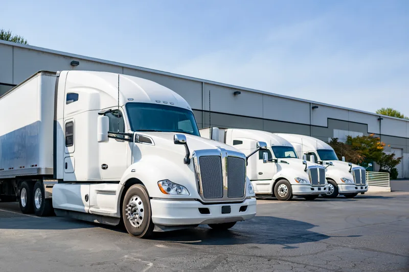 Semi tractors and trailers lined up at a warehouse