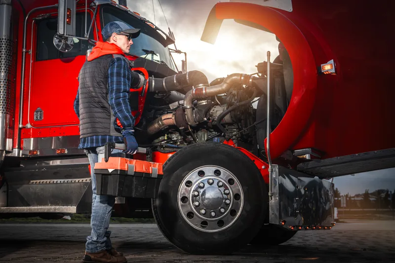A diesel technician with a toolbox standing at the open engine of a red semi truck with its hood tilted forward