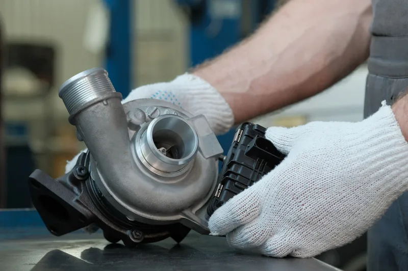A technician in work gloves holding a turbocharger at the bench