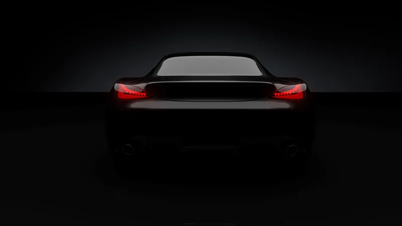 Black sports coupe in a dark studio, lit only by its red tail lights