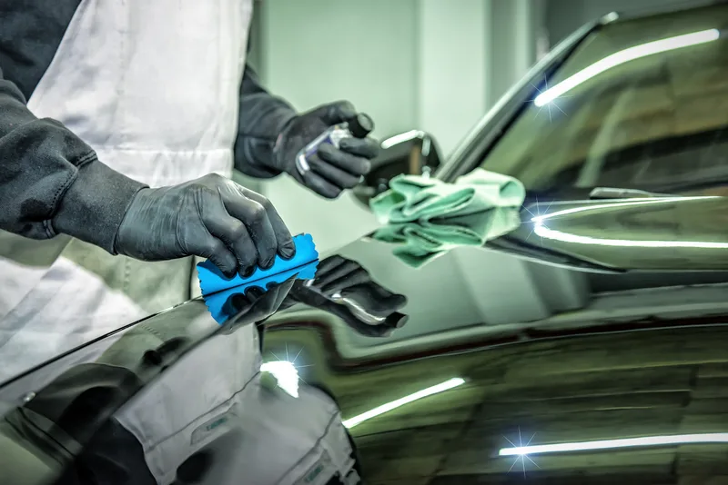 Detailer in gloves applying ceramic coating to a black car hood with an applicator block