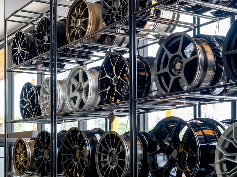 Racks of alloy wheels on display in a bright tire showroom