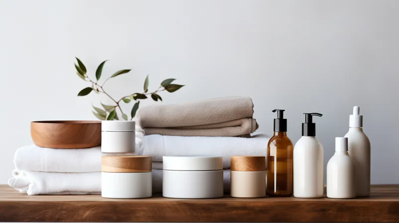 Neutral skincare jars and pump bottles arranged with folded towels on a wooden counter
