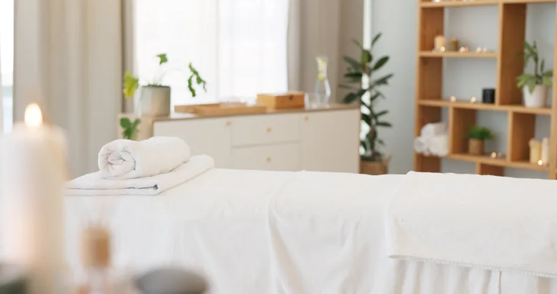 Sunlit treatment room with a white-linened massage table, a rolled towel at its head, and warm wood shelving behind