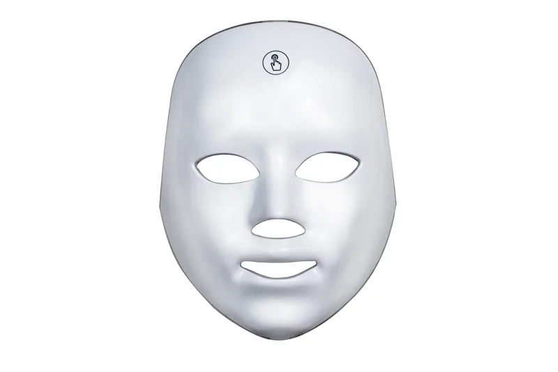 A white LED light therapy face mask on a plain white background