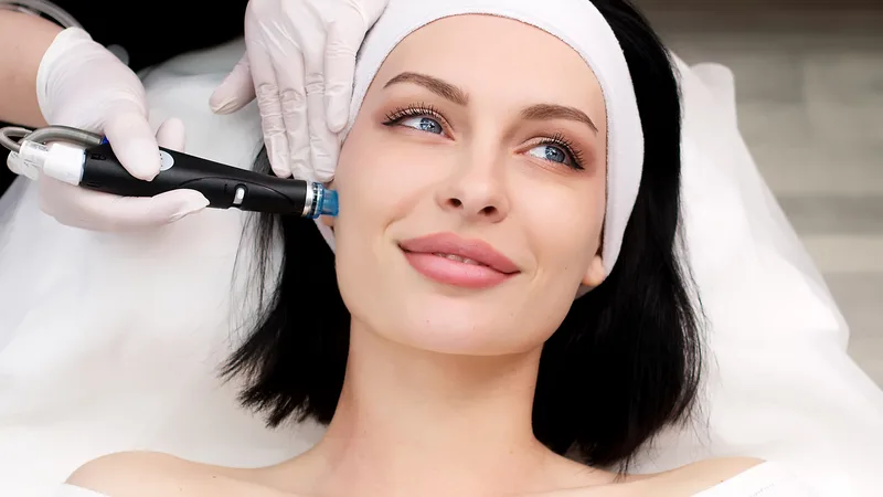 A smiling woman in a headband receiving a hydradermabrasion facial from a gloved esthetician