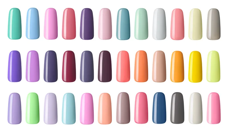 Rows of nail colour swatches in soft pastels, deep plums, and corals on a white background