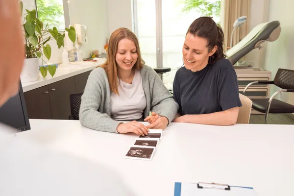 A reproductive endocrinologist consulting with a hopeful couple in a bright fertility clinic office