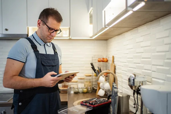 A handyman checking his job schedule on a tablet inside a homeowner's kitchen