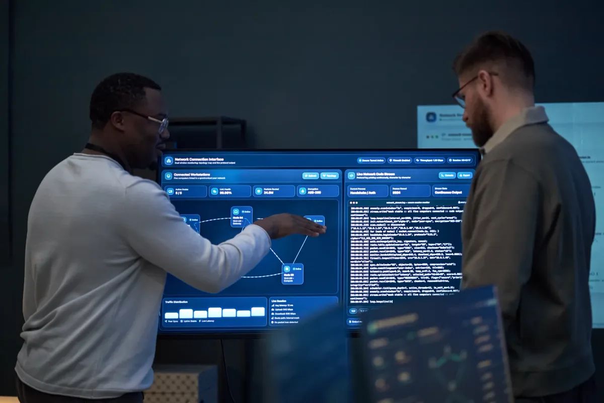 A network engineer reviewing firewall logs and dashboards on a monitor in a server room
