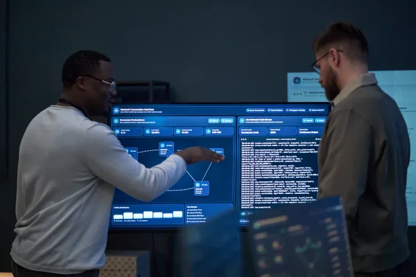 A network engineer reviewing firewall logs and dashboards on a monitor in a server room