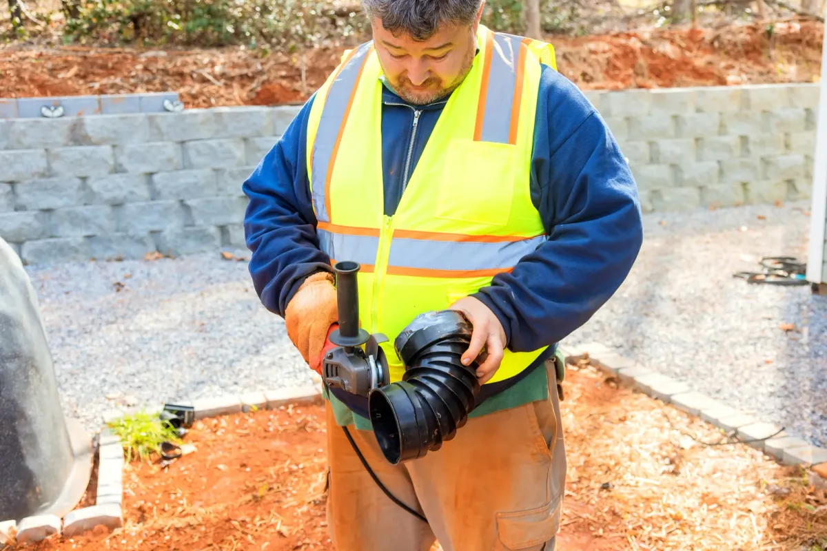 Technician fitting the fan and ducting for a home radon mitigation system in a basement