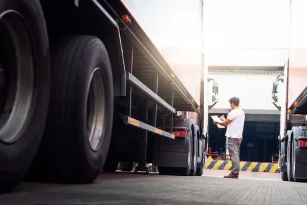 Truck driver checking a clipboard beside his semi truck at a warehouse loading dock