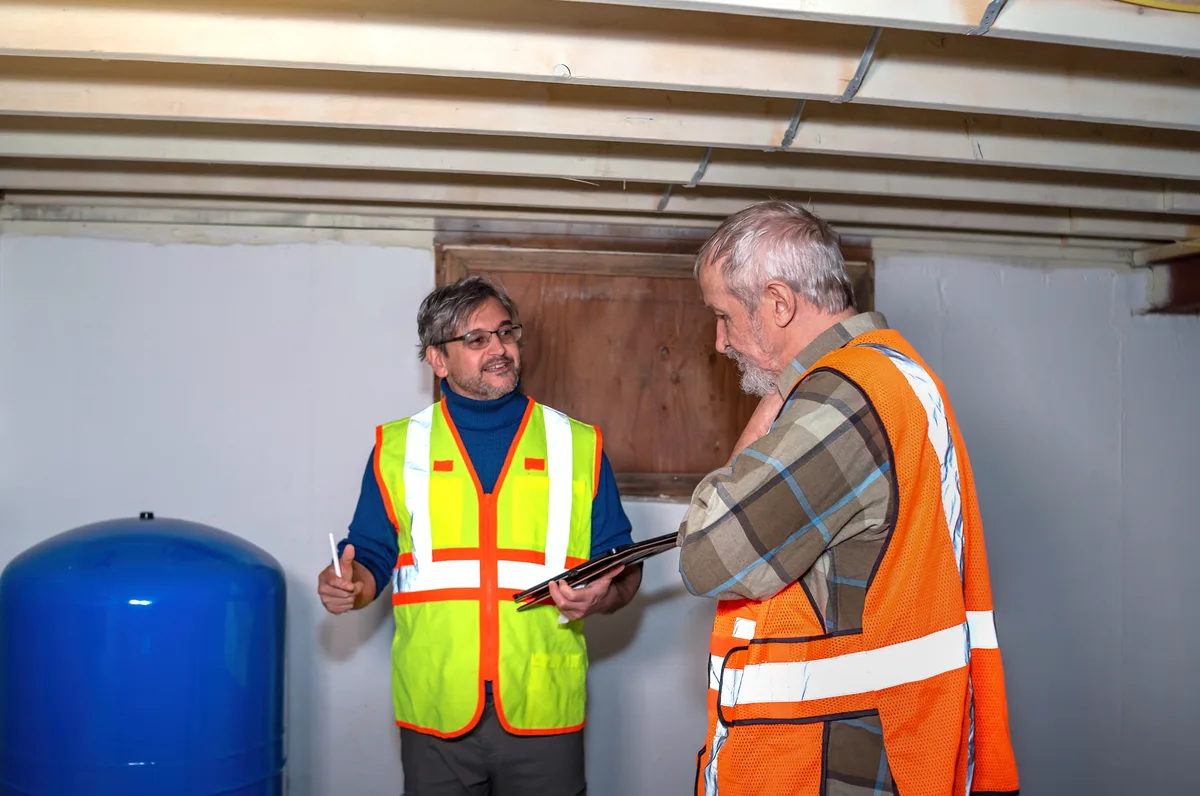 Foundation repair specialist inspecting a cracked basement wall while a homeowner looks on
