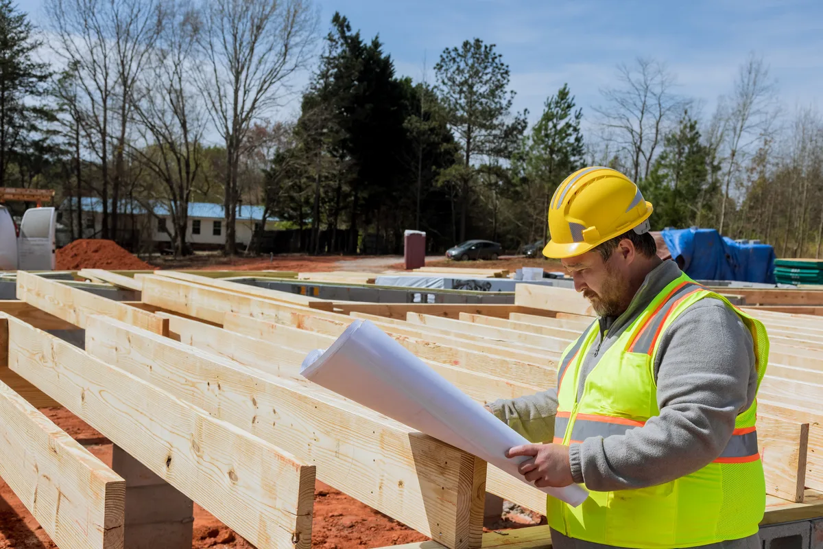 A custom home builder reviewing plans on site in front of a new luxury home under construction