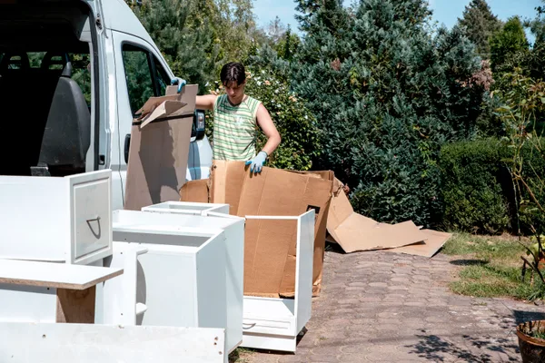 Junk removal crew member loading a couch and old appliances into a hauling truck outside a home