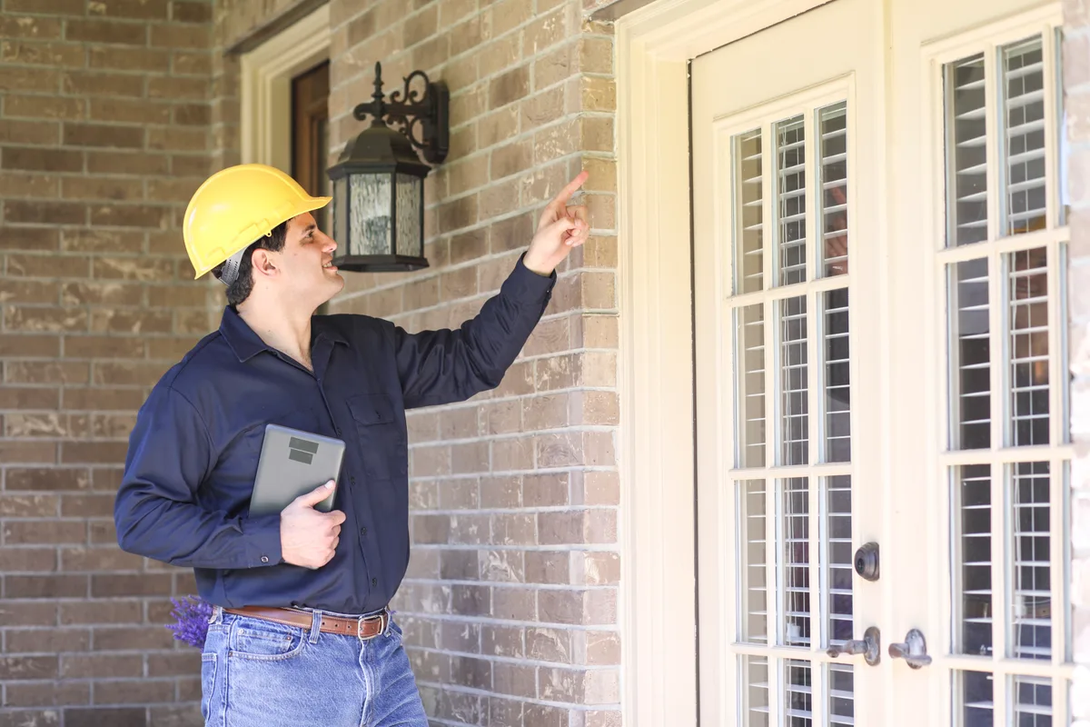 Pest control technician inspecting the foundation of a home while reviewing notes on a tablet
