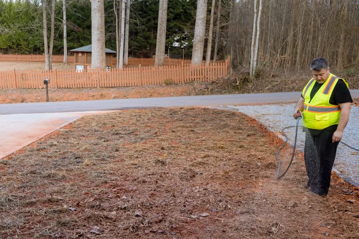 Pressure washing technician cleaning a residential driveway, the cleaned strip visibly brighter than the surrounding concrete