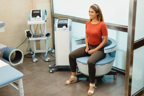 Patient seated in a treatment chair with a TMS coil positioned near the head in a calm clinic room
