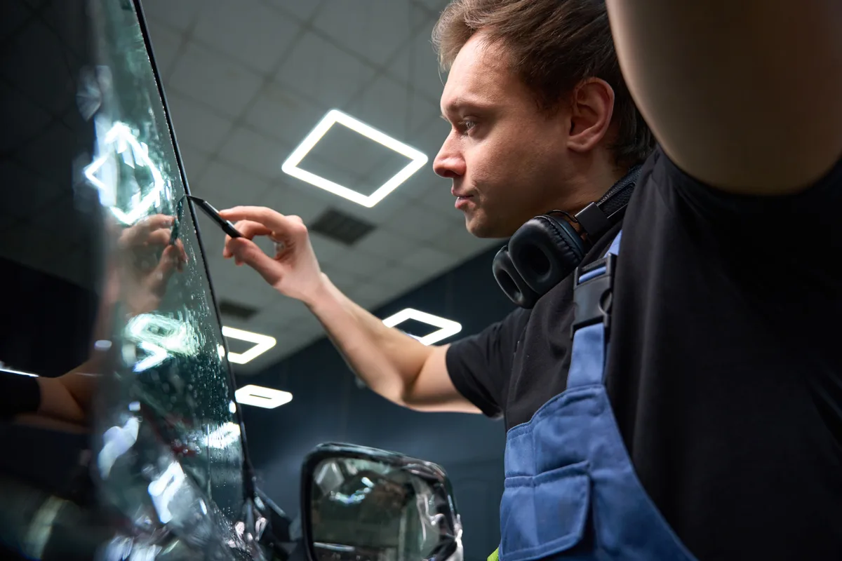 A certified installer squeegeeing ceramic tint film onto a car's side window inside a clean detailing bay