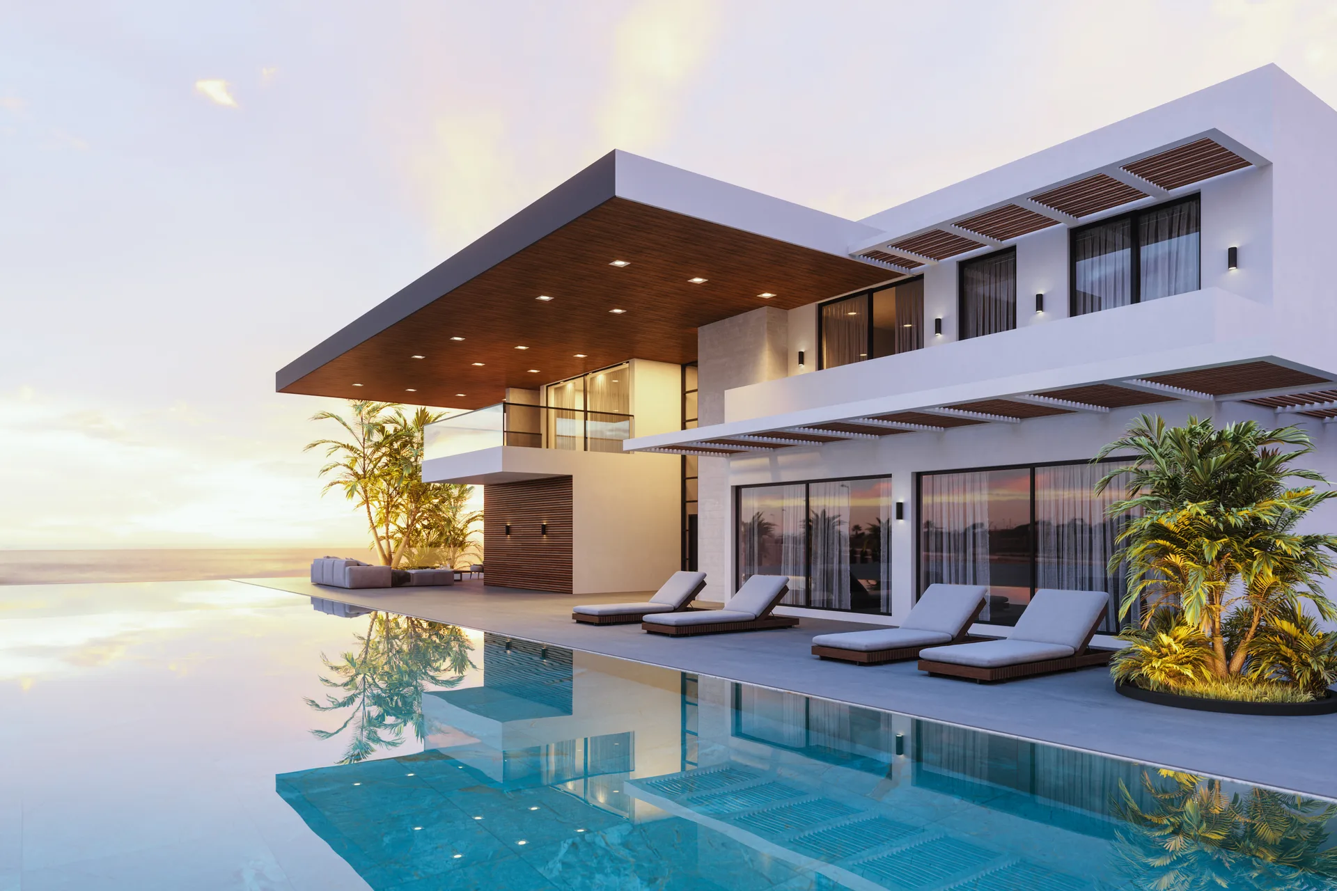 Solana Point House at dusk — a modern flat-roofed pavilion with a cantilevered walnut-lined canopy, full-height glazing and an infinity-edge pool reflecting the sunset